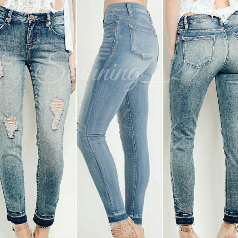 🆕MEDIUM  WASH DISTRESSED DROP HEM SKINNY JEANS